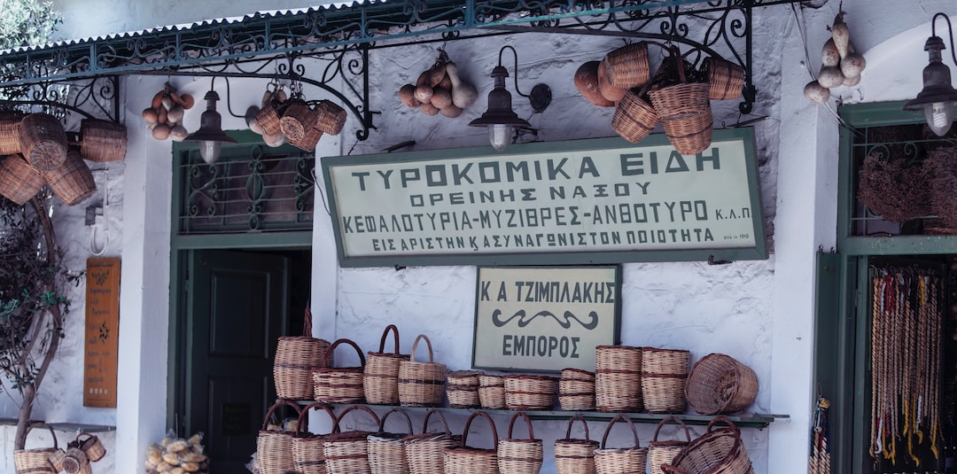 A shop with baskets hanging on the wall.