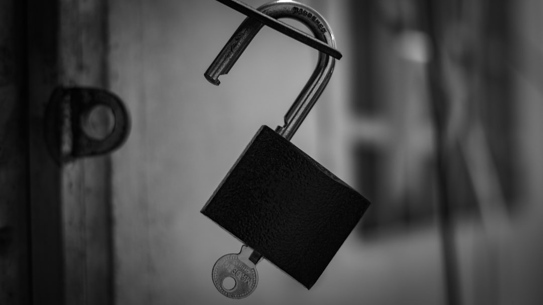 A black and white photo of a padlock on a door.